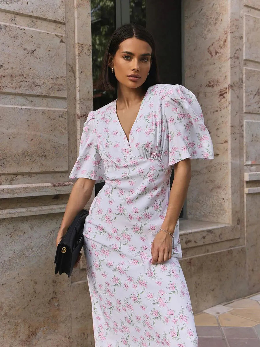 Summer Floral Printed V Neck Long Dress Women Elegant Short Sleeve High Waist Slim Maxi Dress Casual Street Party Lady Vestidos