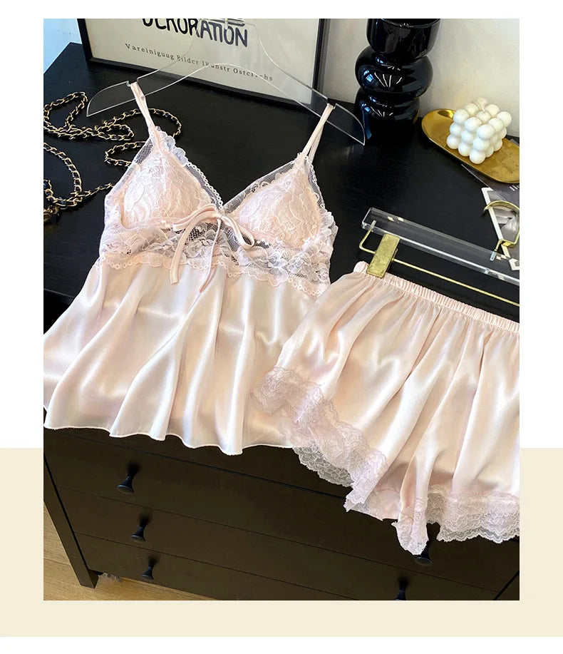 2PCS Women Lace Pajamas PJS Set Femme Satin Sleepwear Home Clothes Strap Camisole&Shorts Sleep Suit Summer V-Neck Lingerie