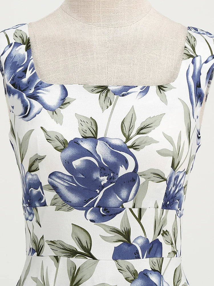 Tonval Lemon Print 40s 50s Pinup Vintage Women Cotton Dresses Square Neck Summer Sleeveless High Waist Elegant Party Dress