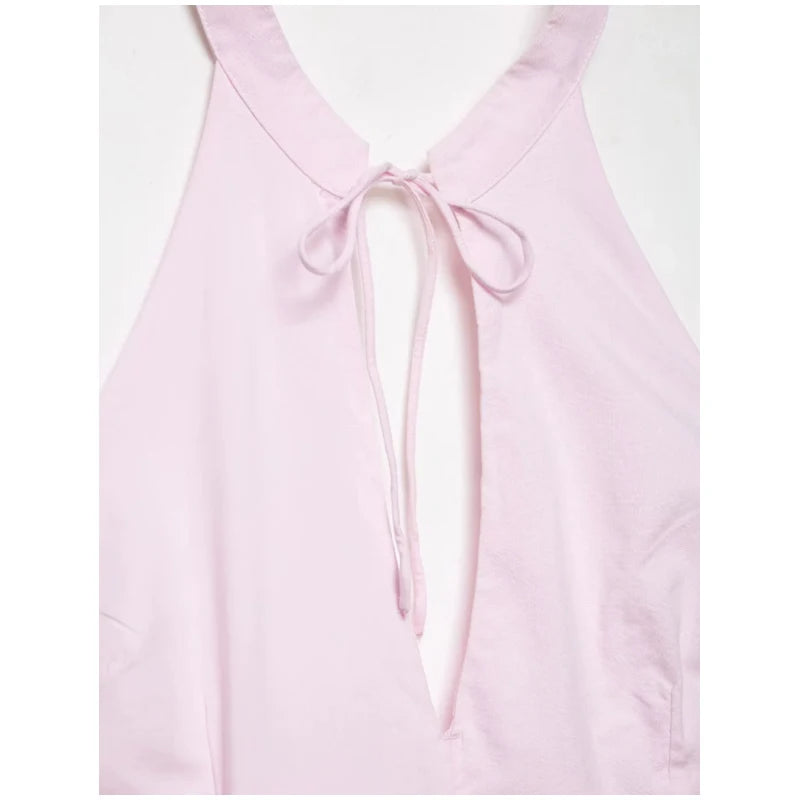 Pink Chic Halter Mini Dress Lady Backless Off-shoulder Hollow Out Lace Up Pleated Bubble Vestidos Women Party Club Dresses