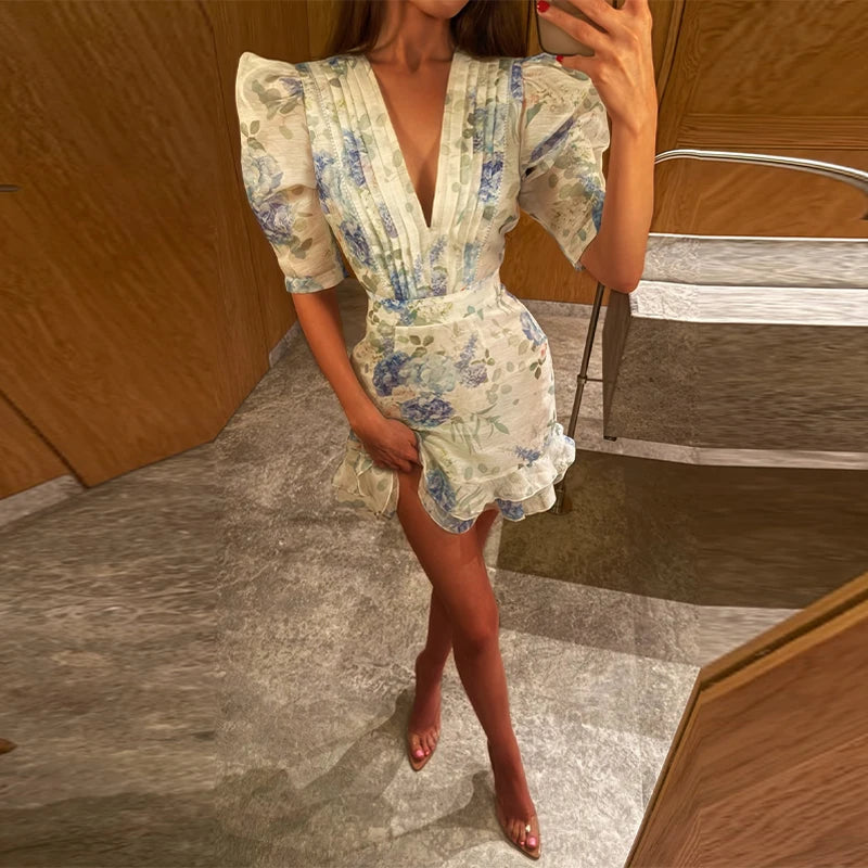Padded Shoulder Ruffle Maxi Dress V-neck Low Slit Waist Cinching 2026 Springr Holiday Women Flowy Gown Chic Fashion Vestidoes