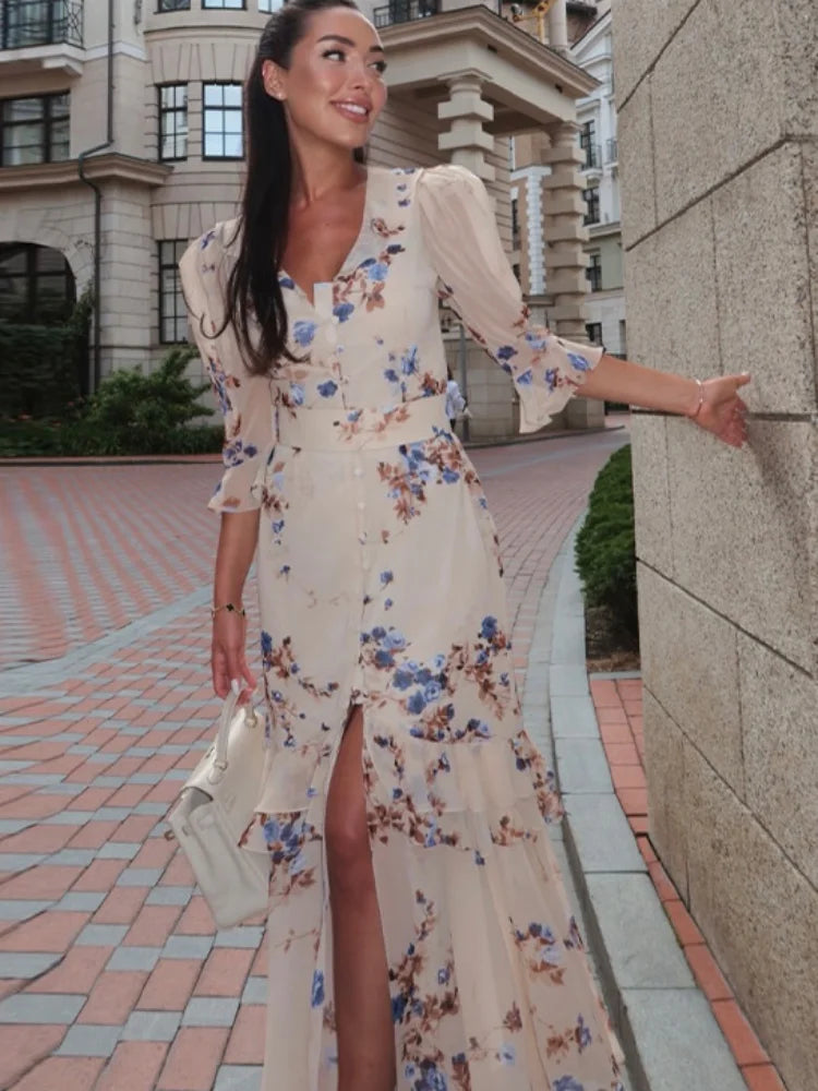 Pink Floral Print Slim Fit Dress Women Chic V-neck Ruffle Trim Flare Full Sleeves Ruched Slit Long Dresses Lady Elegant Wear New