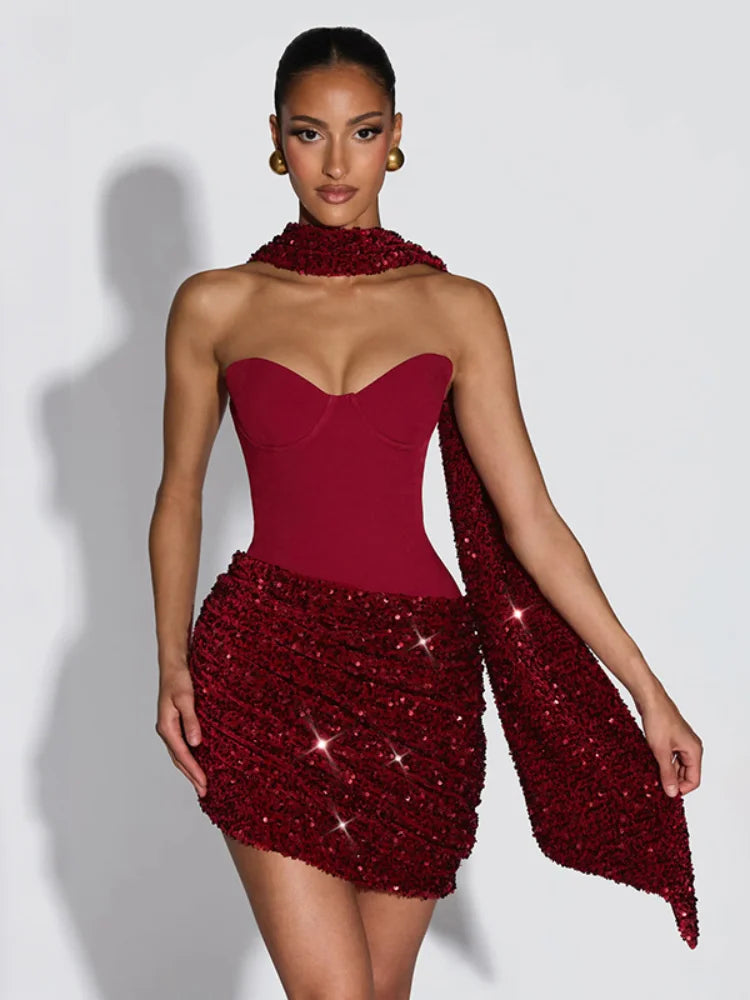 Women Slim Sexy Pleated Bodycon Dress Sequin Backless Spaghetti Strap Mini Summer Dresses 2026 Lady Evening Nightclub Party Gown