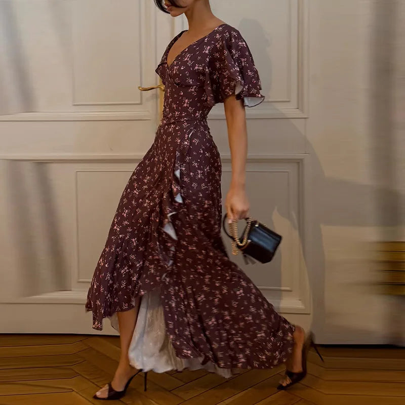 Elegant Printed Ruffles Long Women's Dress Asymmetric V-neck Flare Sleeve Slit Party Dresses 2026 Summer Floral Vacation Robes