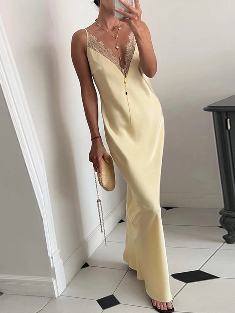 Casual Lace Patchwork Women's Dress Chic V-Neck Slip Top Sleeveless Lady Long Dresses 2026 Spring Summer Female Vacation Robe