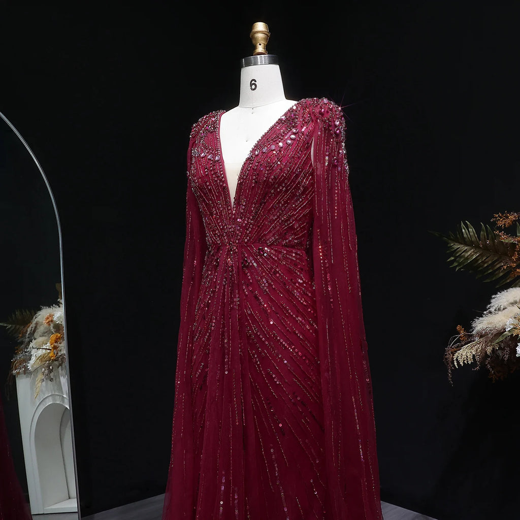 Sharon Said Luxury Dubai Sage Green Evening Dresses with Cape Fuchsia Crystal Gold Women Wedding Party Gowns SS399 Customized