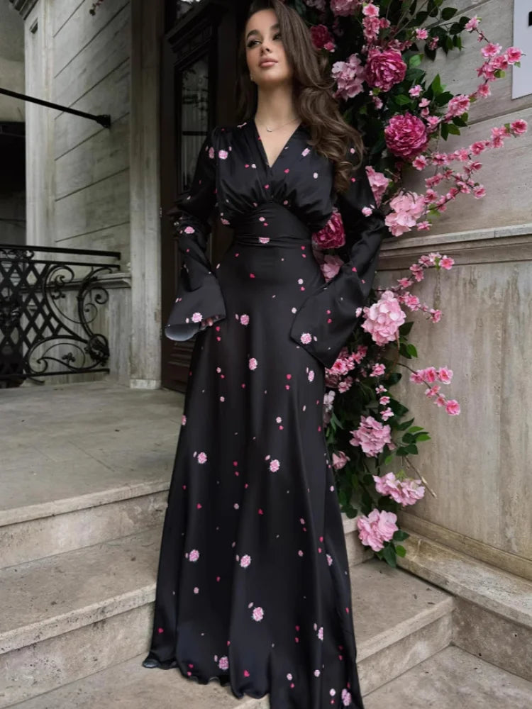Pink Floral Print Slim Fit Dress Women Chic V-neck Ruffle Trim Flare Full Sleeves Ruched Slit Long Dresses Lady Elegant Wear New