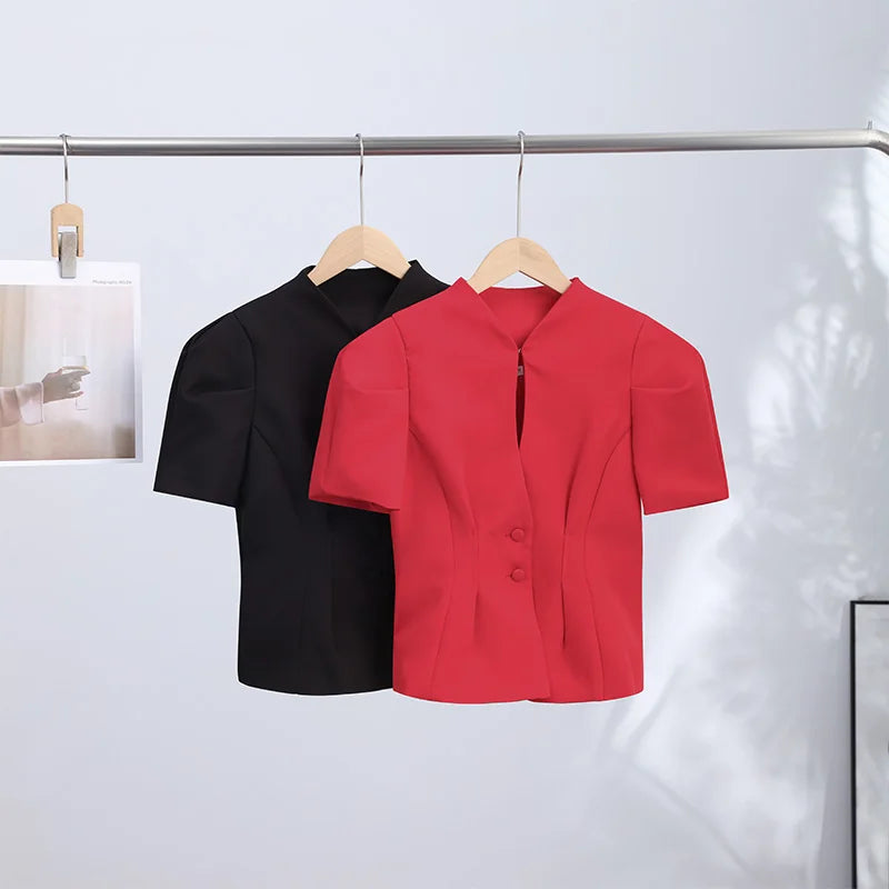 Casual Solid Hollow Out Tops Women Sexy Closed Waist Single Breasted Slim Short Sleeve Top Female 2026 Spring Summer Lady Shirts