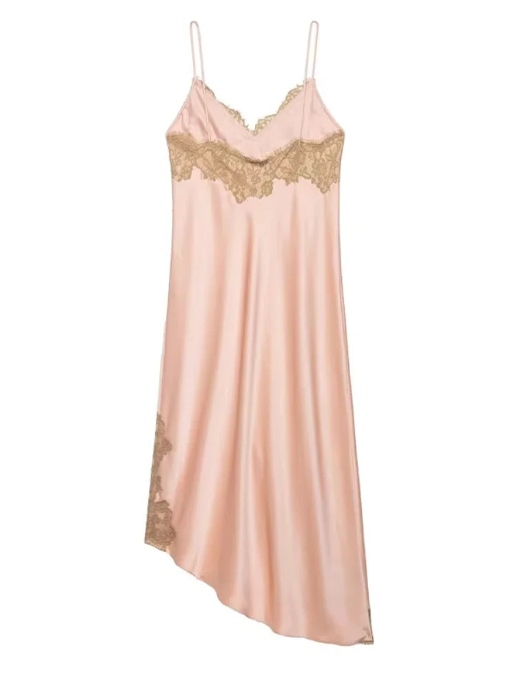Butter Yellow Satin Bias Cut Lace Patchwork Midi Dress Women's V Neck Backless Suspenders Dresses 2026 New Dinner Party Vestidos