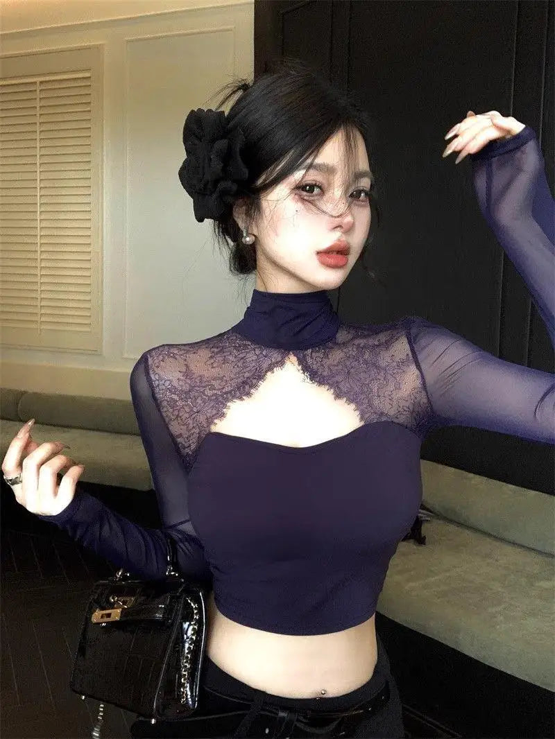 Long Sleeve Lace Splicing Hollow out T-Shirt Women's Spring Design Slim Fit Pure Sexy Purple Short Backless Top