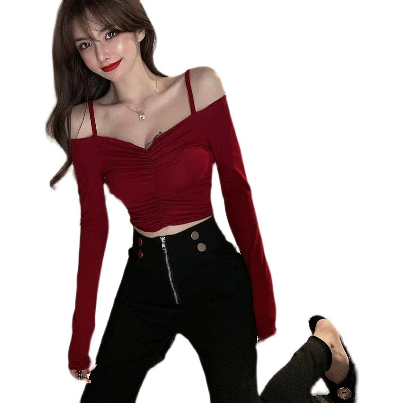 Hong Kong Style Short Crop Top Women's Tight Belly Shirt V-Neck Long Sleeve Cotton T-Shirt Korean Commute Style Base Shirt