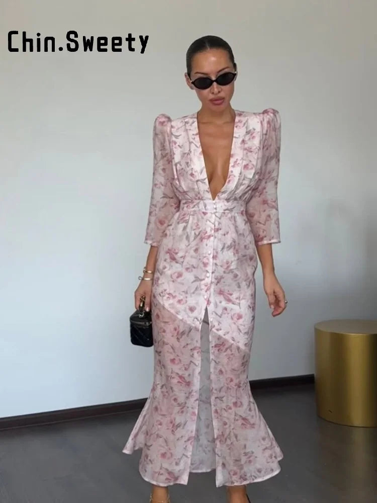 Elegant Printed Women's Dress Organza Deep V-neck Half Sleeved Waist Cinched Pleated Dresses 2026 Summer Lady Holiday Party Robe