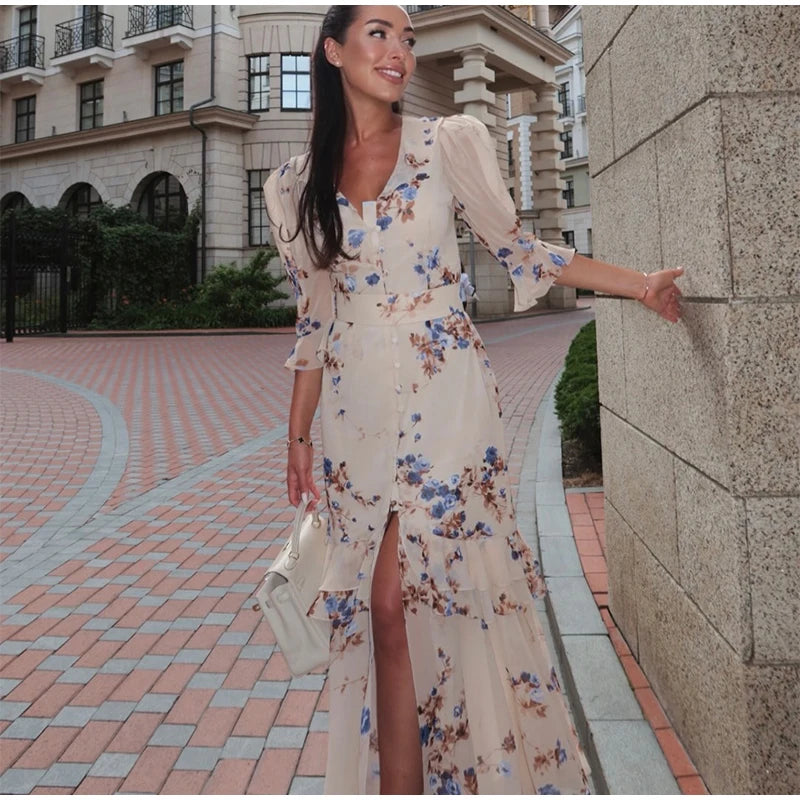 Padded Shoulder Ruffle Maxi Dress V-neck Low Slit Waist Cinching 2026 Springr Holiday Women Flowy Gown Chic Fashion Vestidoes