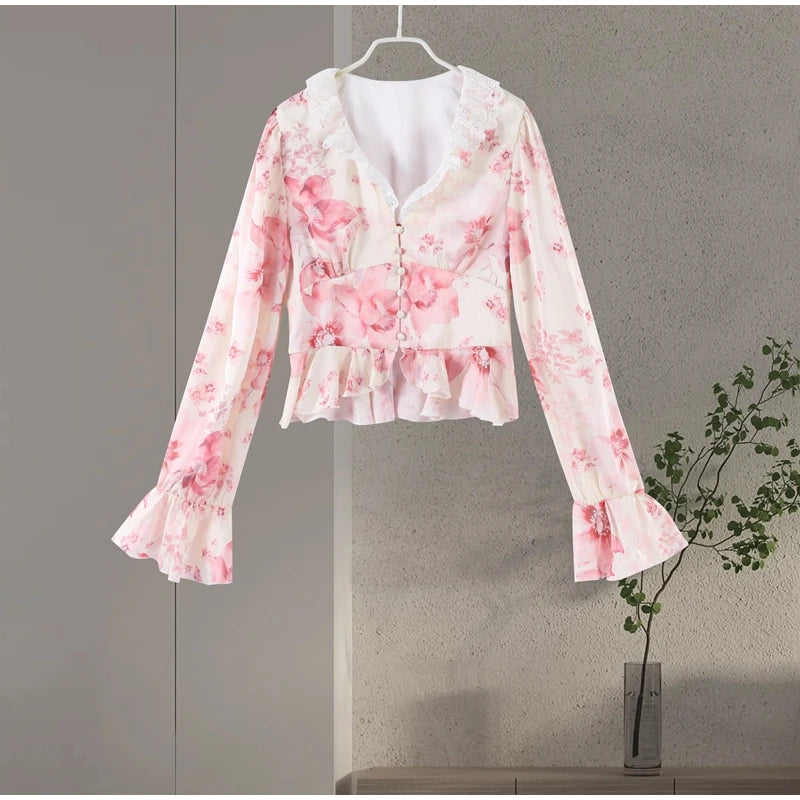 Floral Print V-Neck Flare Sleeve Mermaid Set Waist Cinched Ruffle Hem 2026 Summer Party Women Gown Retro Elegant Lady Vestido