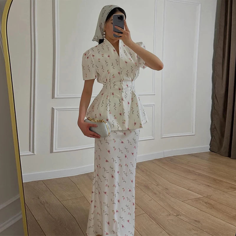 Floral Print V-Neck Flare Sleeve Mermaid Set Waist Cinched Ruffle Hem 2026 Summer Party Women Gown Retro Elegant Lady Vestido