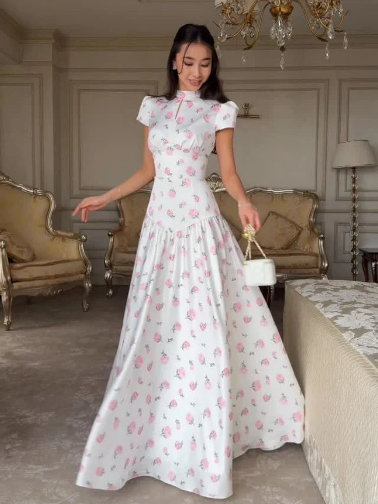 Pink Floral Print Slim Fit Dress Women Chic V-neck Ruffle Trim Flare Full Sleeves Ruched Slit Long Dresses Lady Elegant Wear New
