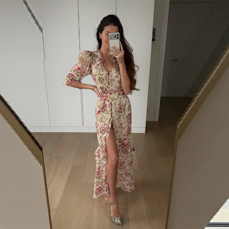 Pink Floral Print Slim Fit Dress Women Chic V-neck Ruffle Trim Flare Full Sleeves Ruched Slit Long Dresses Lady Elegant Wear New
