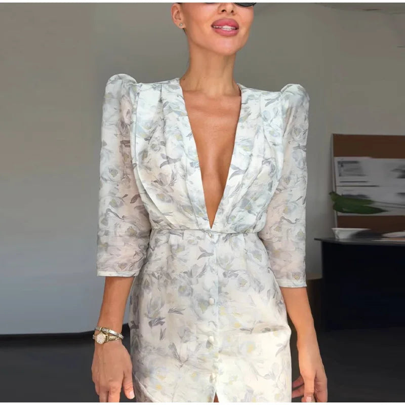Elegant Printed Women's Dress Organza Deep V-neck Half Sleeved Waist Cinched Pleated Dresses 2026 Summer Lady Holiday Party Robe