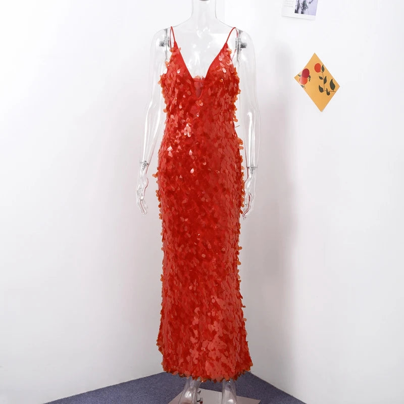 Fashion Sequined V Neck Sling Dress Women Evening Party Sleeveless Backless High Waist Maxi Dresses 2024 New Christmas Gown Robe