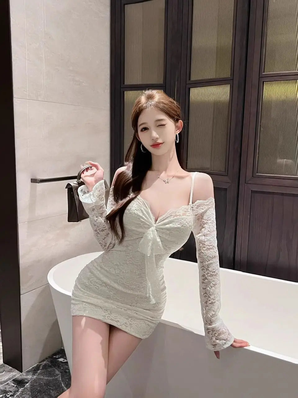 Sexy Pure Desire Lace Long Sleeve Bodycon Dress Women's Waist Cinched One Shoulder Short Skirt Tight Fit Base Layer Spring Su...