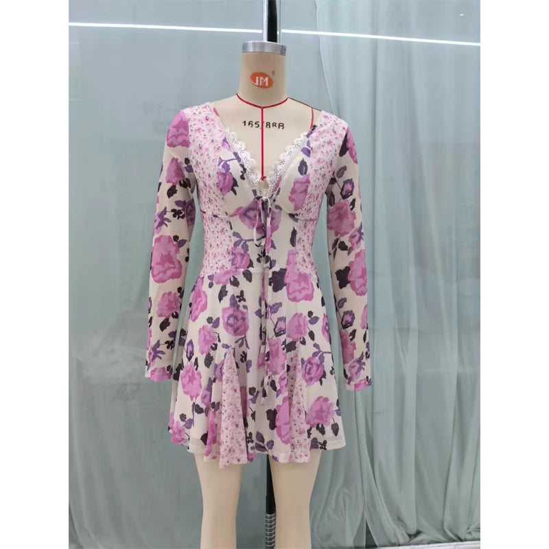 Pink Floral Print Slim Fit Dress Women Chic V-neck Ruffle Trim Flare Full Sleeves Ruched Slit Long Dresses Lady Elegant Wear New