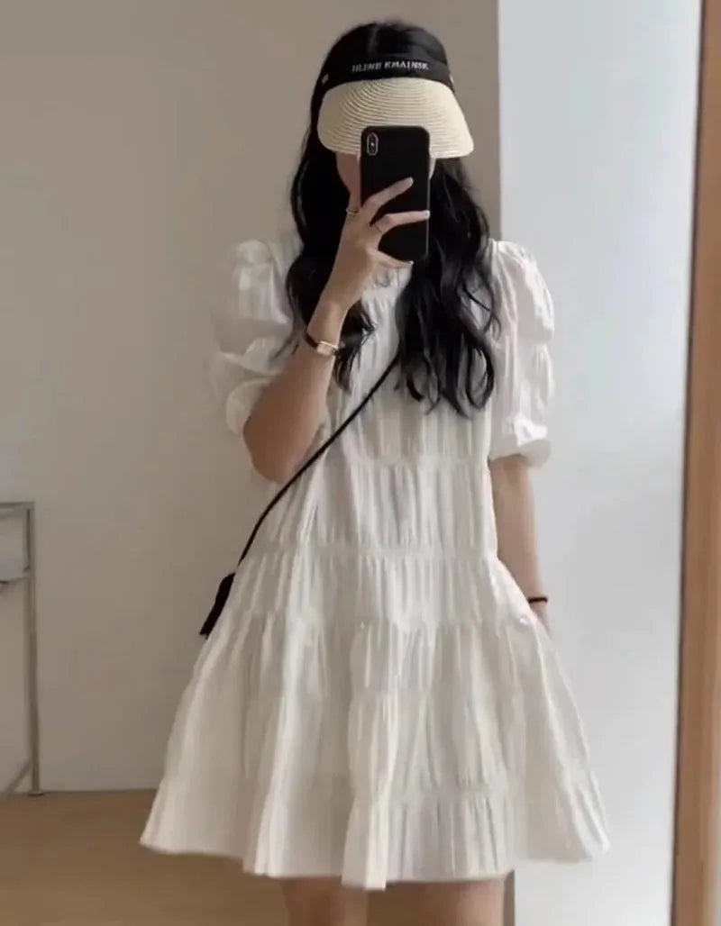 Fashion French Pleaded Dress for Women Elegant Casual Loose Short Sleeve Summer Dress Office Lady Party Dresses Robe New 27992