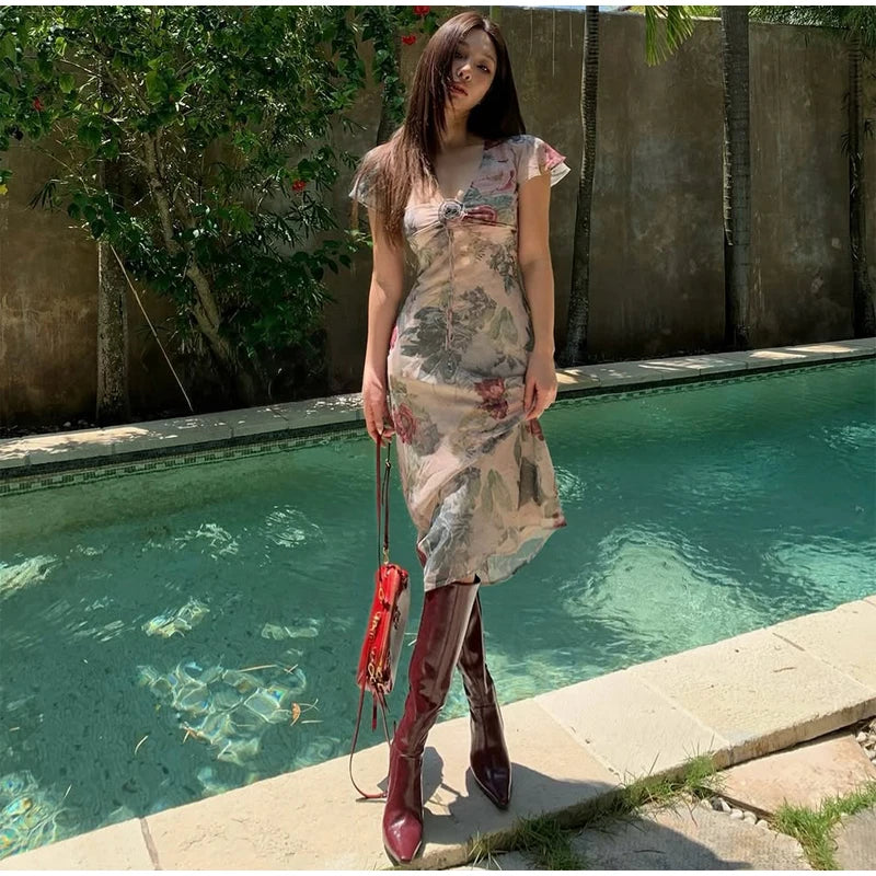Flutter Sleeves Pleated Long Dress Women Chic Deep V-neck Floral Print Sexy Waist Cinching Vestidos Lady Holiday Street Dresses
