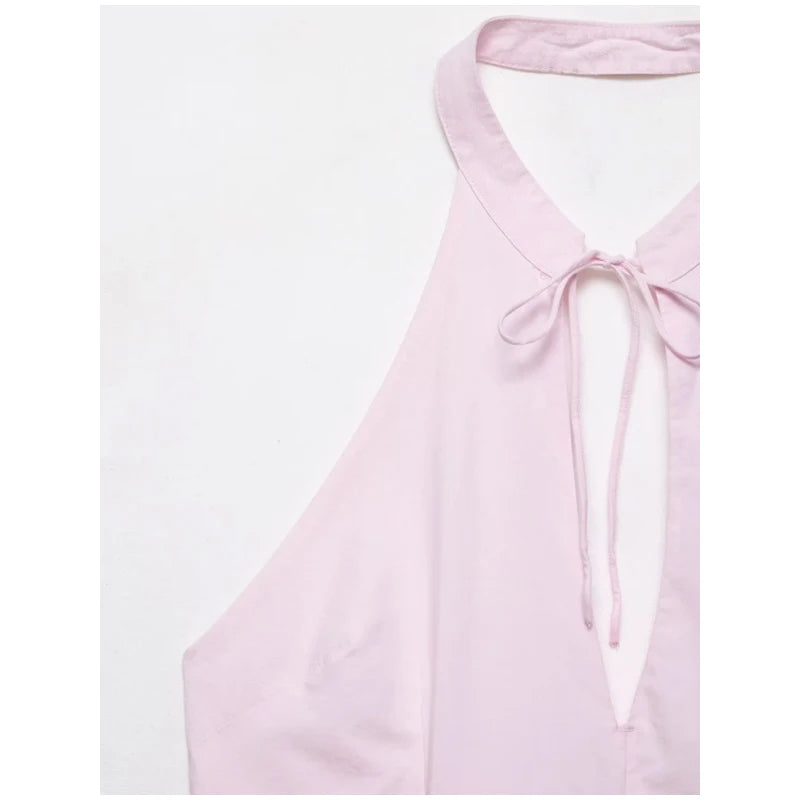 Pink Chic Halter Mini Dress Lady Backless Off-shoulder Hollow Out Lace Up Pleated Bubble Vestidos Women Party Club Dresses