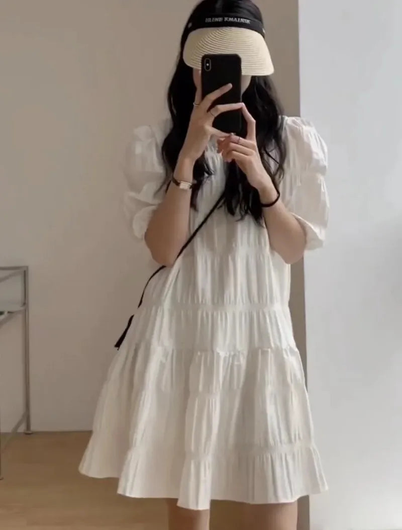 Fashion French Pleaded Dress for Women Elegant Casual Loose Short Sleeve Summer Dress Office Lady Party Dresses Robe New 27992