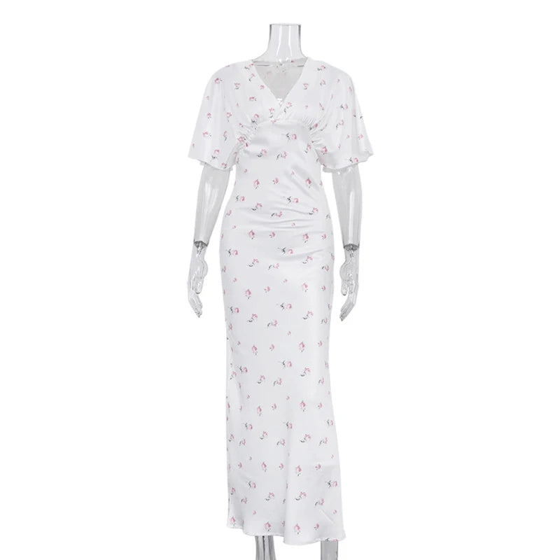 Pink Floral Print Slim Fit Dress Women Chic V-neck Ruffle Trim Flare Full Sleeves Ruched Slit Long Dresses Lady Elegant Wear New