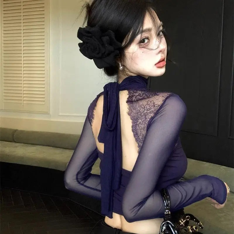 Long Sleeve Lace Splicing Hollow out T-Shirt Women's Spring Design Slim Fit Pure Sexy Purple Short Backless Top