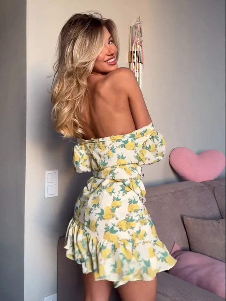 Elegant Print Low-cut Ruffle Short Dress Women V-neck Short-sleeved Waist Cinching Pleated Mini Dresses Lady Party Vestidos 2026