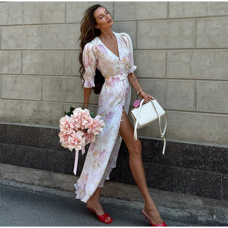 Padded Shoulder Ruffle Maxi Dress V-neck Low Slit Waist Cinching 2026 Springr Holiday Women Flowy Gown Chic Fashion Vestidoes