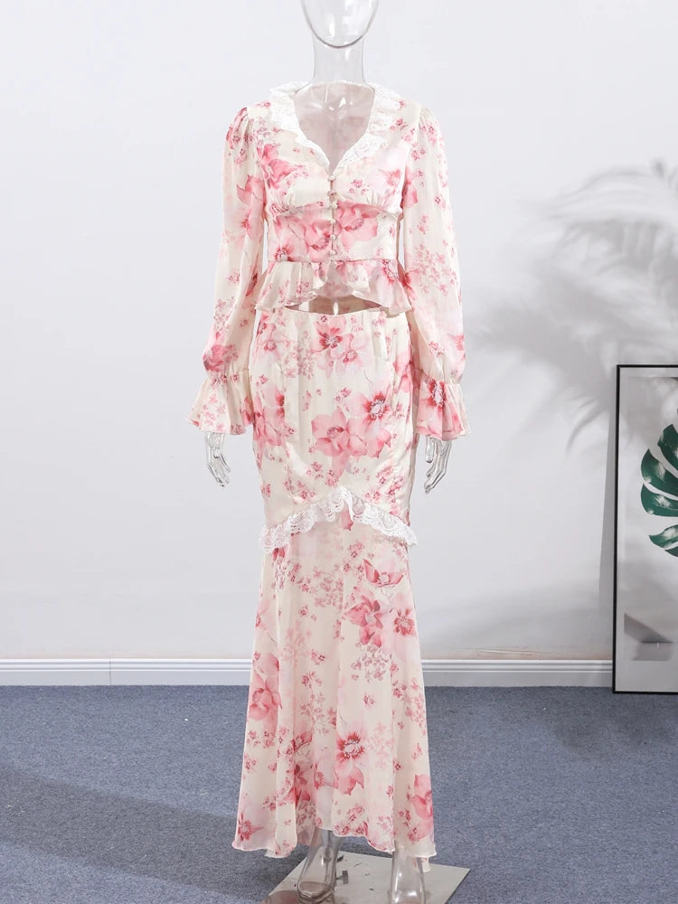 Floral Print V-Neck Flare Sleeve Mermaid Set Waist Cinched Ruffle Hem 2026 Summer Party Women Gown Retro Elegant Lady Vestido