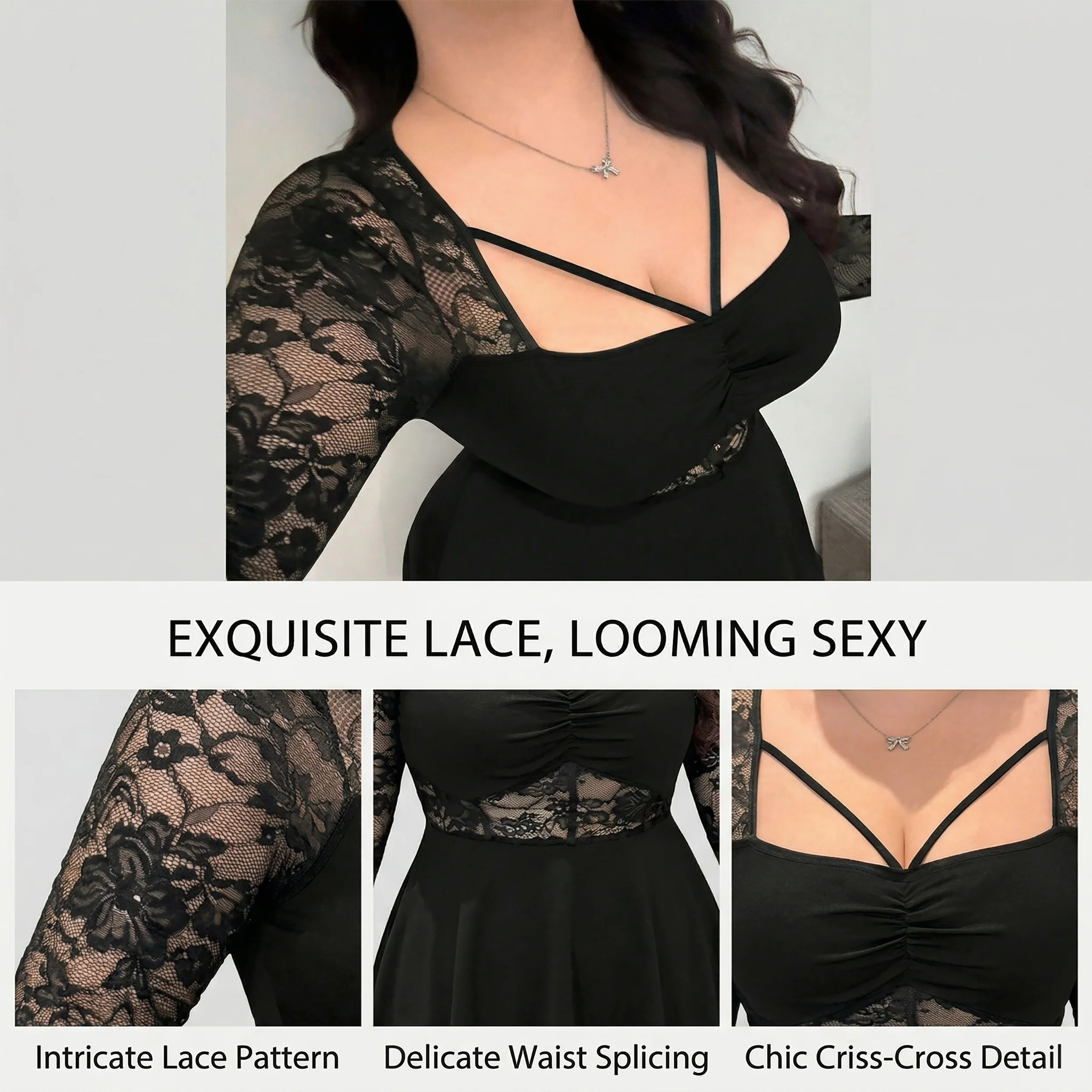 Plus Size Womens Dress Lace Long Sleeve Ruched Dress Lace Mini Dress Fit Casual Chic Apparel Dresses Spring Summer Daily Dress
