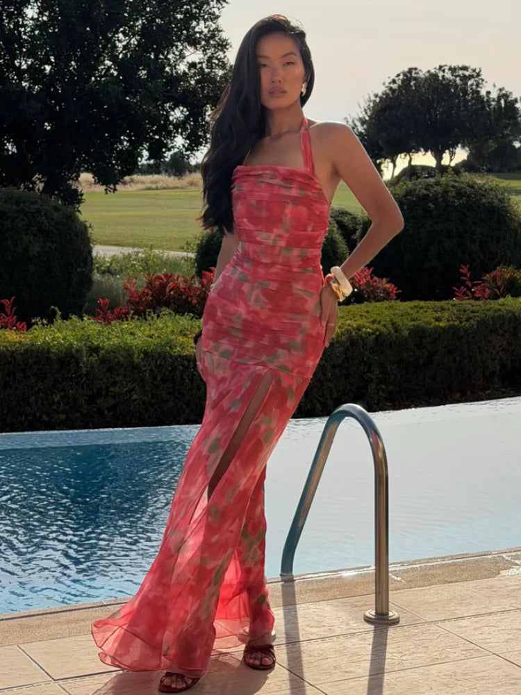 Flutter Sleeves Pleated Long Dress Women Chic Deep V-neck Floral Print Sexy Waist Cinching Vestidos Lady Holiday Street Dresses