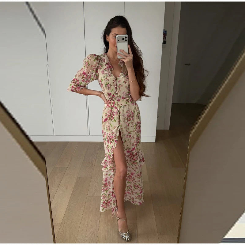 Padded Shoulder Ruffle Maxi Dress V-neck Low Slit Waist Cinching 2026 Springr Holiday Women Flowy Gown Chic Fashion Vestidoes