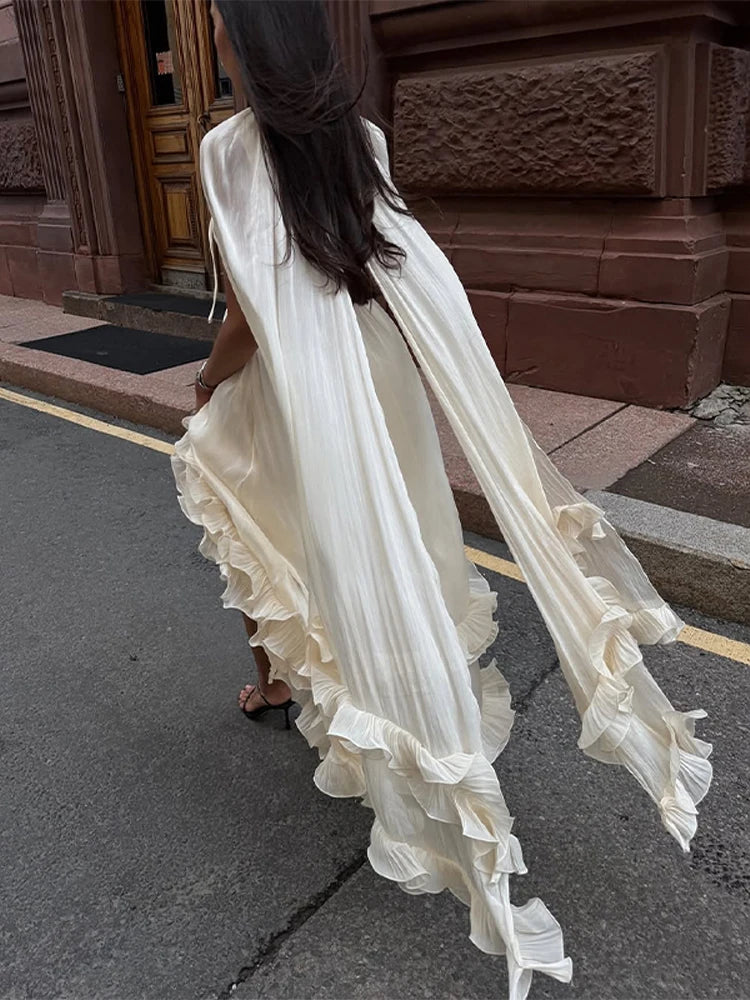 Women Solid Ruffle  Maxi Dress Fashion Lapel V-neck Sleeveless Pleated High Waist Chic Dresses 2026 Summer Lady Vacation Robes