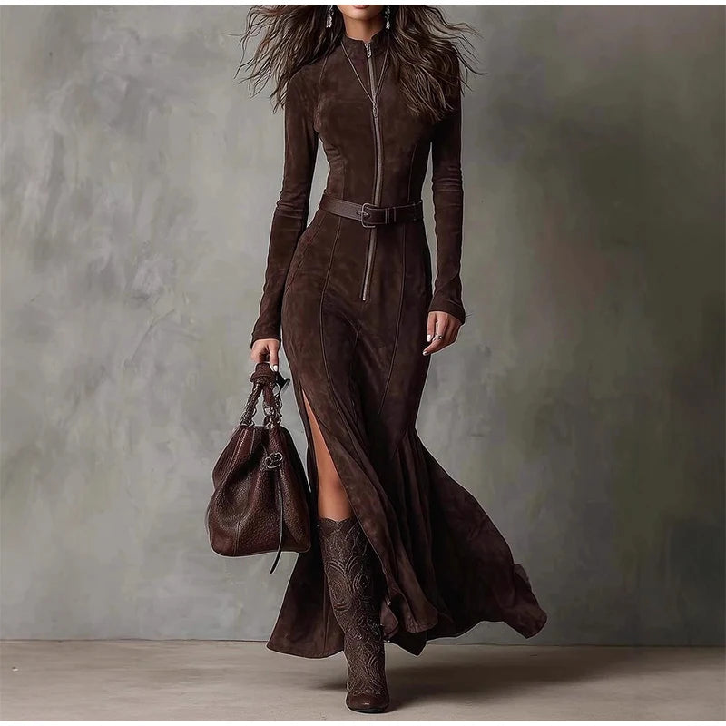 Vintage Half High Neck Long Sleeve Short Dress Women Fashion High Waist Pleasted Zipper Slim Dresses Female Autumn Chic Cloth
