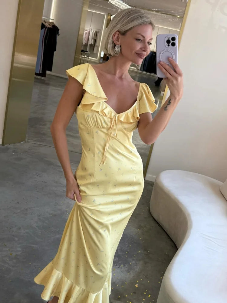 Flutter Sleeves Pleated Long Dress Women Chic Deep V-neck Floral Print Sexy Waist Cinching Vestidos Lady Holiday Street Dresses
