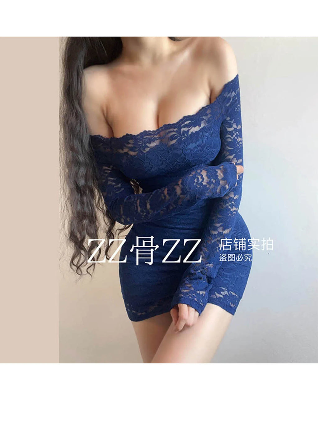 Blue Lace Mesh Slim Mini Dress Autumn New Style French Dress Elegant Feminine One Shoulder Slash Neck Lace Sexy Korean YRR6