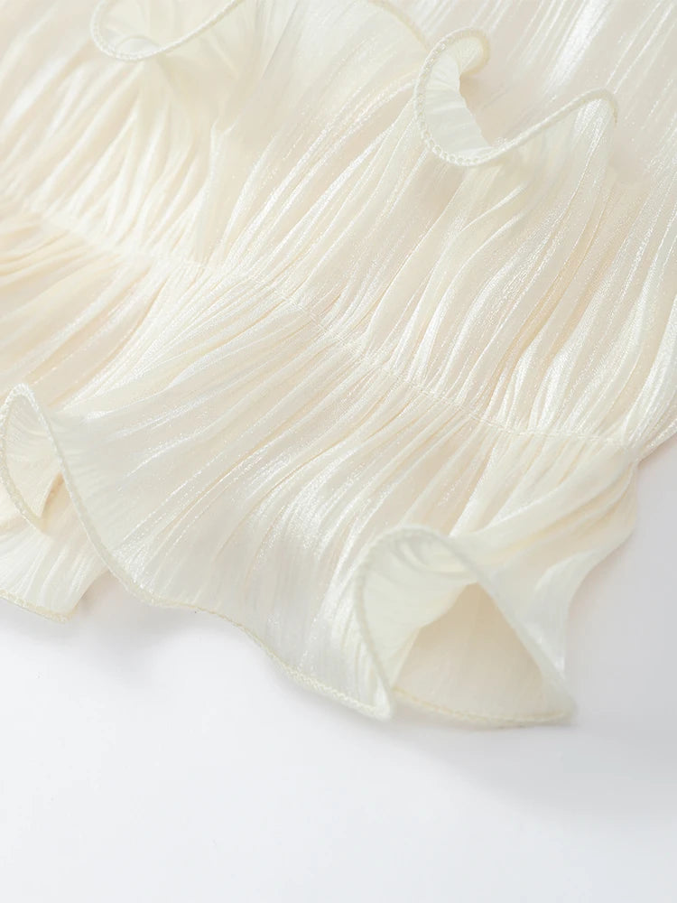 Women Solid Ruffle  Maxi Dress Fashion Lapel V-neck Sleeveless Pleated High Waist Chic Dresses 2026 Summer Lady Vacation Robes