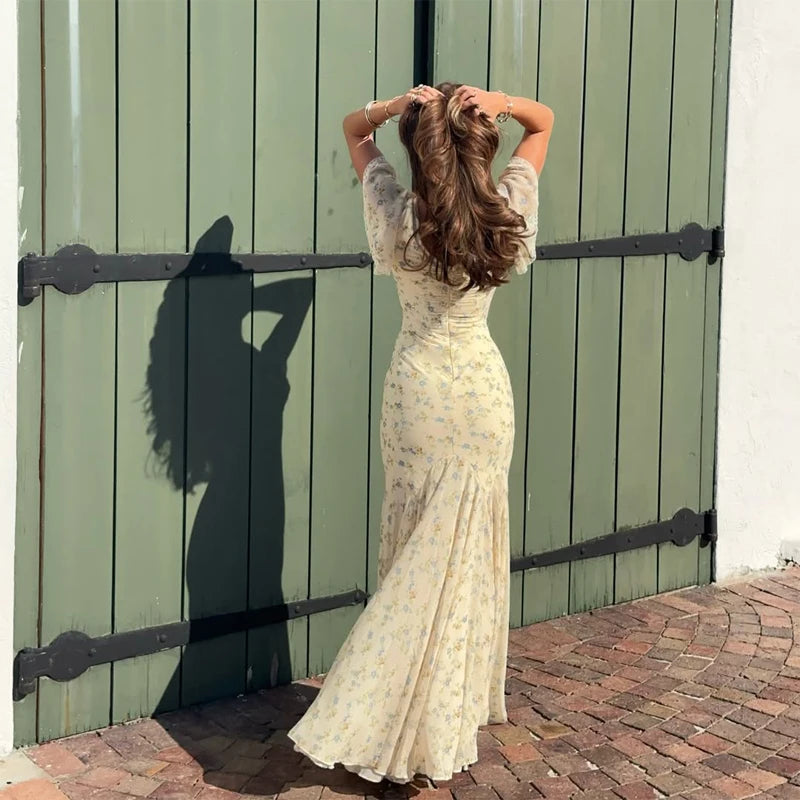 Flutter Sleeves Pleated Long Dress Women Chic Deep V-neck Floral Print Sexy Waist Cinching Vestidos Lady Holiday Street Dresses