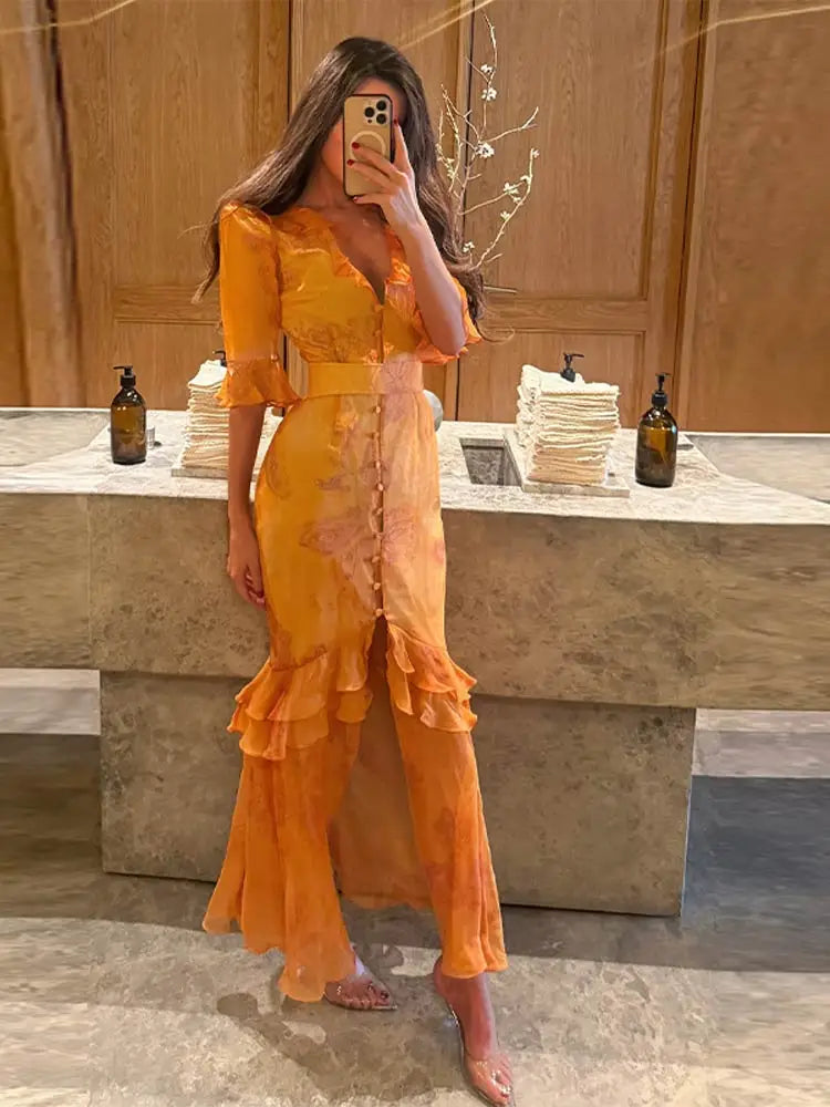 Padded Shoulder Ruffle Maxi Dress V-neck Low Slit Waist Cinching 2026 Springr Holiday Women Flowy Gown Chic Fashion Vestidoes