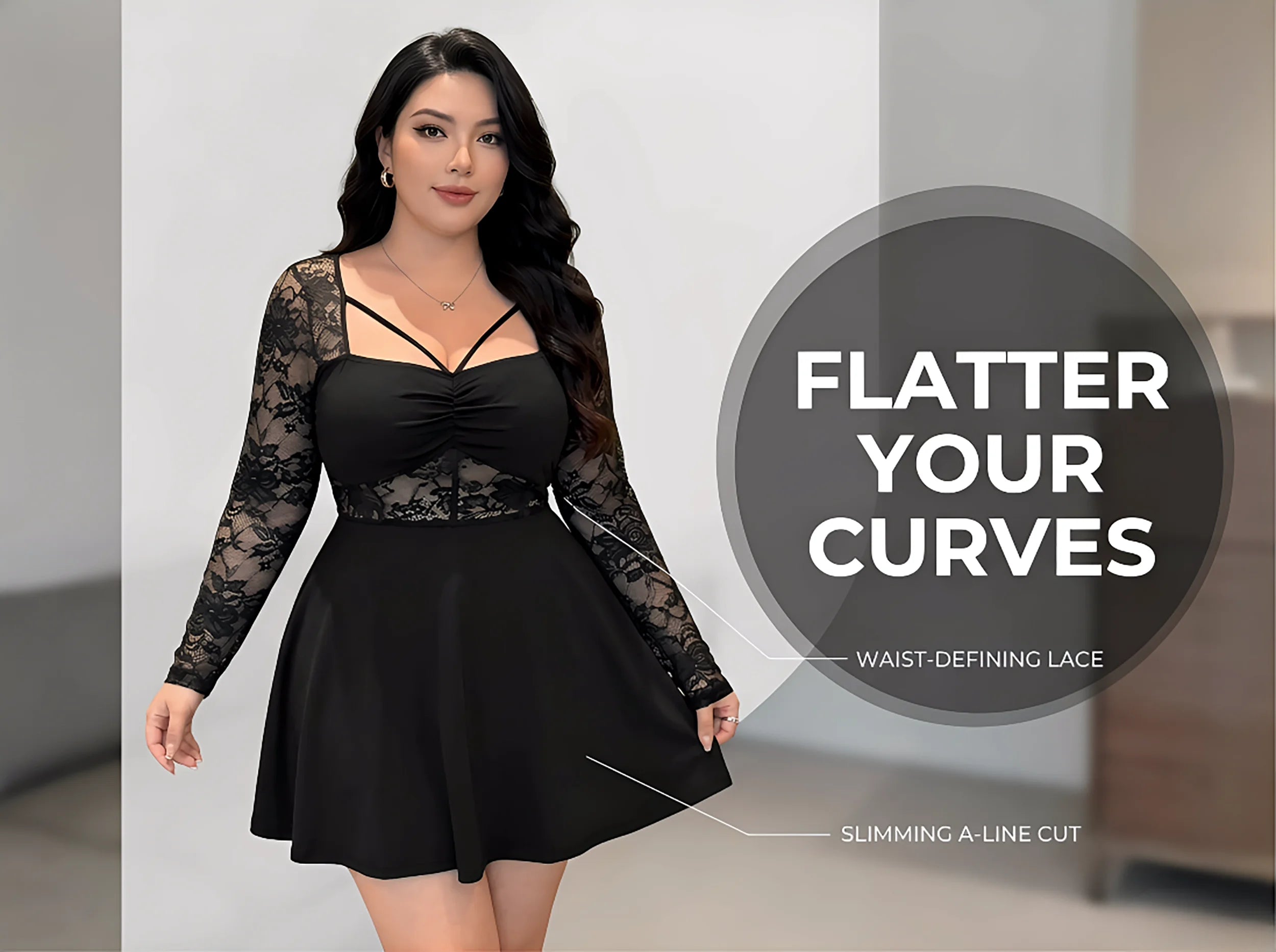 Plus Size Womens Dress Lace Long Sleeve Ruched Dress Lace Mini Dress Fit Casual Chic Apparel Dresses Spring Summer Daily Dress