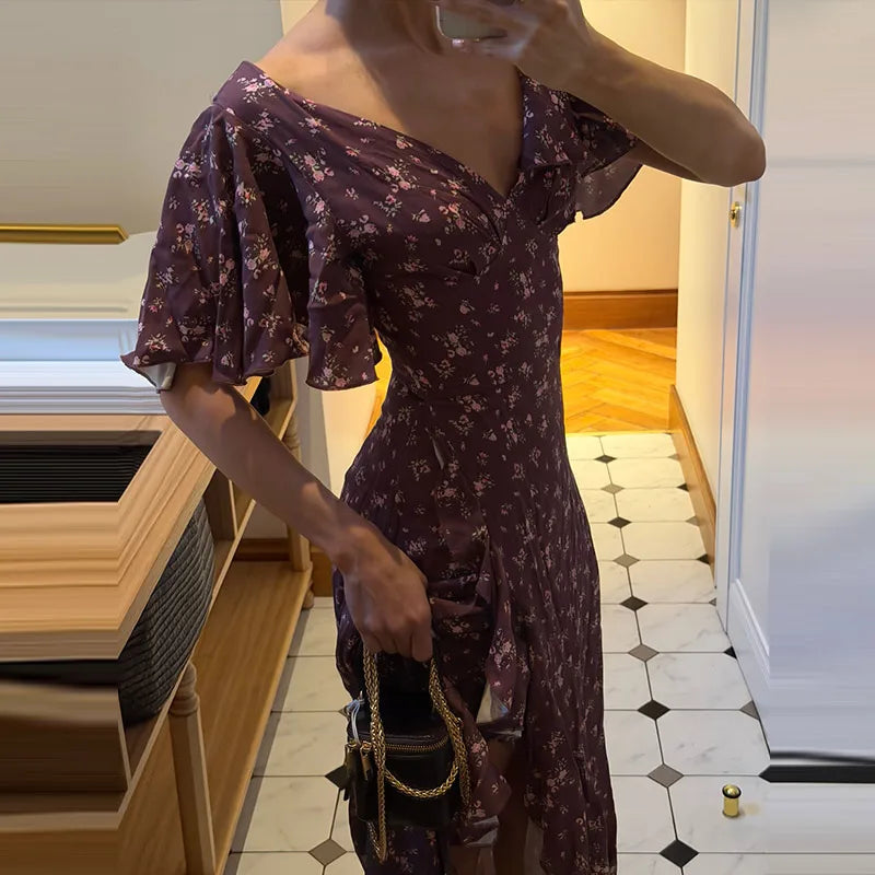 Elegant Printed Ruffles Long Women's Dress Asymmetric V-neck Flare Sleeve Slit Party Dresses 2026 Summer Floral Vacation Robes