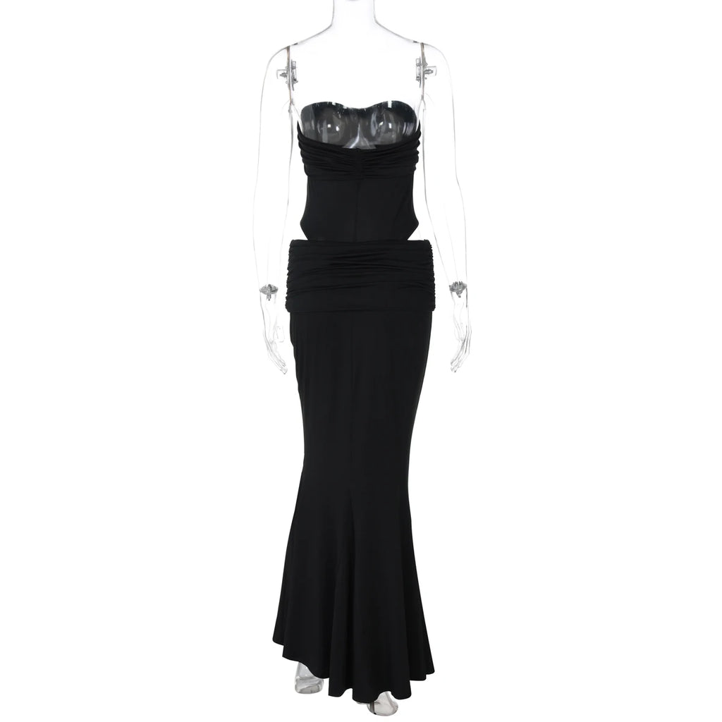 Dulzura Fashion Sexy Elegant 2 Piece Ruched Skirt Set Chest Wrapping Backless Bodysuit Slim Long Skirt Matching Set Party Club