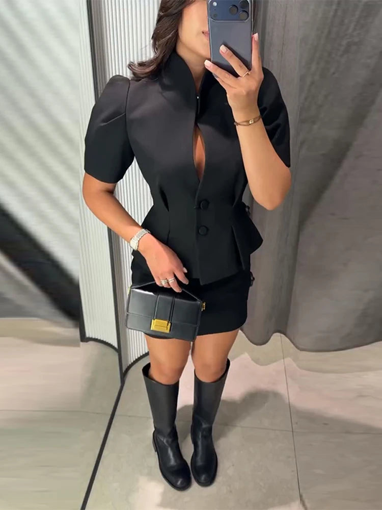 Casual Solid Hollow Out Tops Women Sexy Closed Waist Single Breasted Slim Short Sleeve Top Female 2026 Spring Summer Lady Shirts