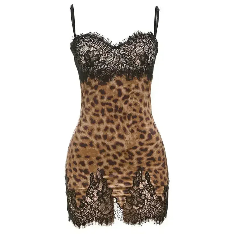 Leoprad Printed Lace Splicing Dress Women Sexy Backless Sleeveless Slim Sling Mini Dresses 2026 Lady Summer High Street Robes