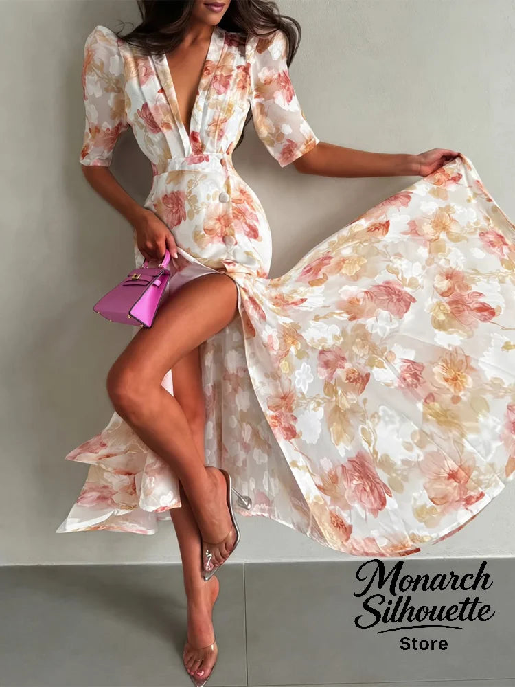 Pink Floral Print Slim Fit Dress Women Chic V-neck Ruffle Trim Flare Full Sleeves Ruched Slit Long Dresses Lady Elegant Wear New